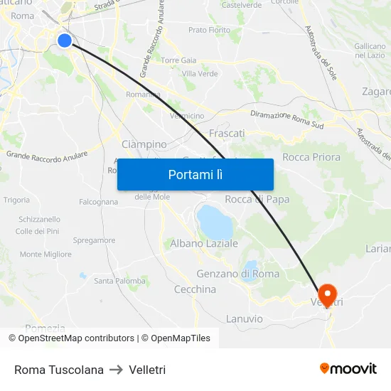 Roma Tuscolana to Velletri map