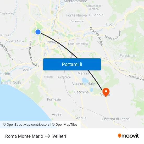 Roma Monte Mario to Velletri map