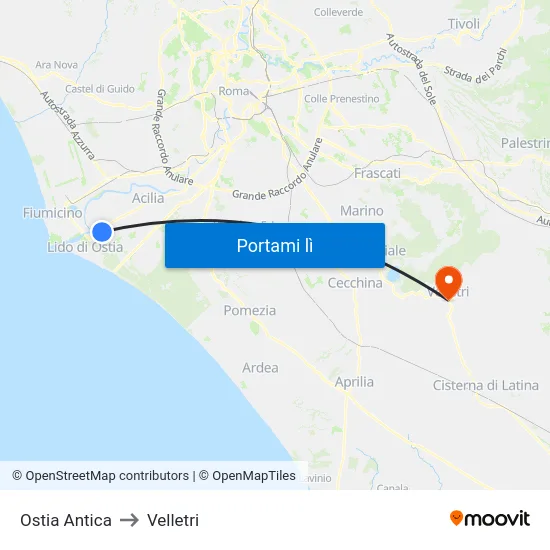 Ostia Antica to Velletri map