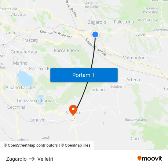 Zagarolo to Velletri map