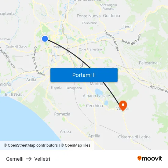 Gemelli to Velletri map