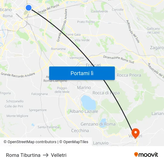 Roma Tiburtina to Velletri map