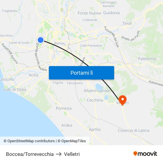 Boccea/Torrevecchia to Velletri map