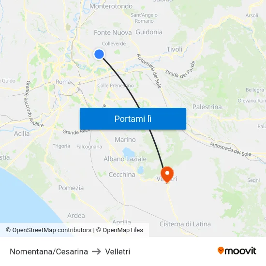 Nomentana/Cesarina to Velletri map