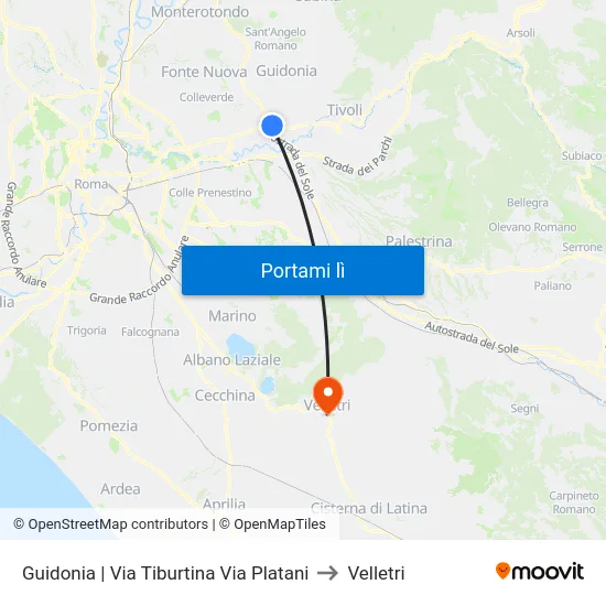 Guidonia | Via Tiburtina Via Platani to Velletri map