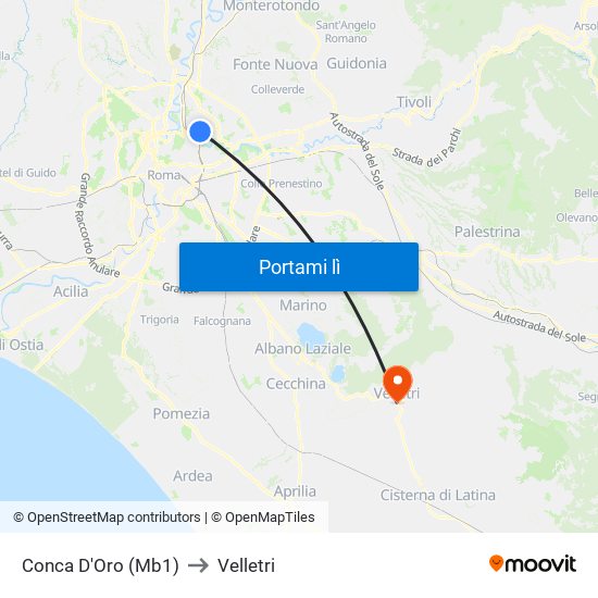 Conca D'Oro (Mb1) to Velletri map