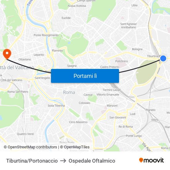 Tiburtina/Portonaccio to Ospedale Oftalmico map