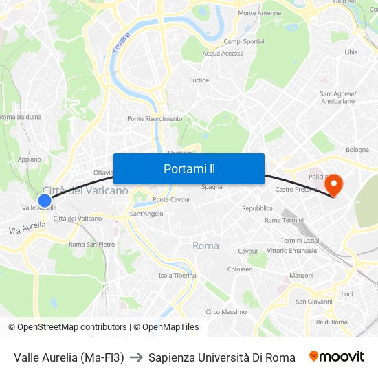 Valle Aurelia (Ma - Fl3) to Sapienza Università Di Roma map
