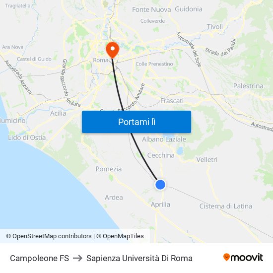 Campoleone FS to Sapienza Università Di Roma map