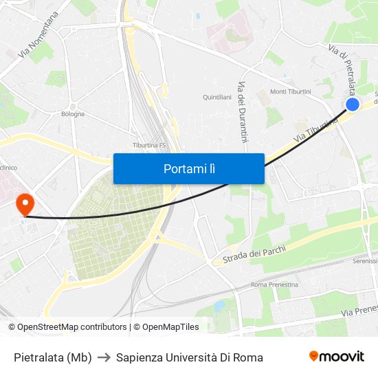 Pietralata (Mb) to Sapienza Università Di Roma map