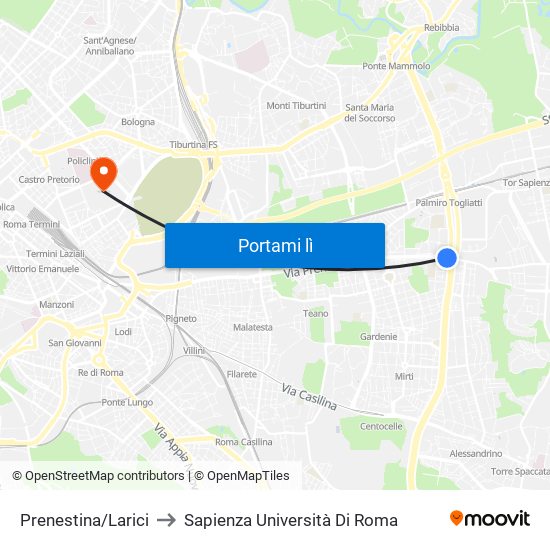 Prenestina/Larici to Sapienza Università Di Roma map