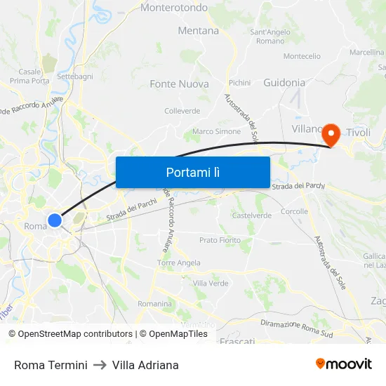 Roma Termini to Villa Adriana map