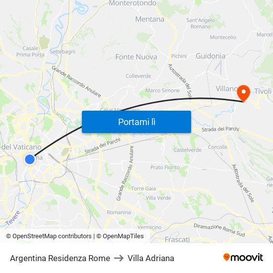Argentina Residenza Rome to Villa Adriana map