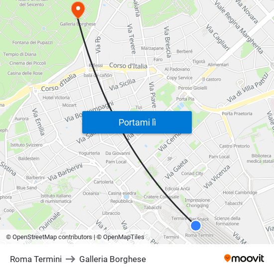 Roma Termini to Galleria Borghese map