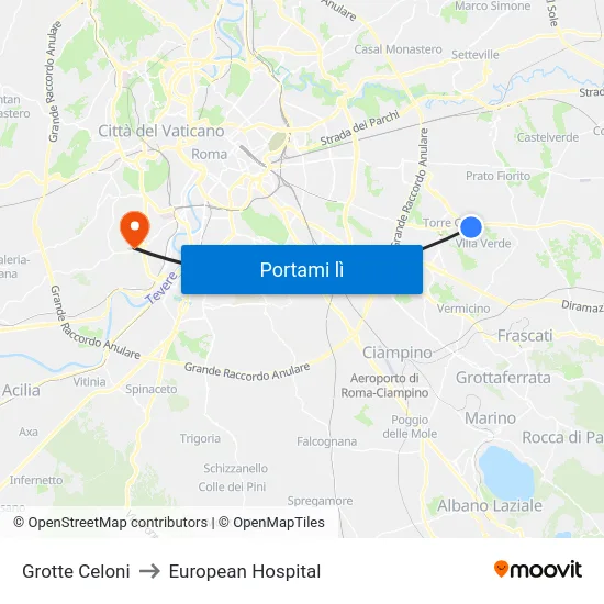 Grotte Celoni to European Hospital map