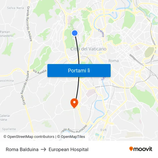 Roma Balduina to European Hospital map
