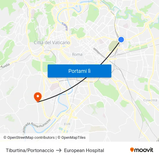 Tiburtina/Portonaccio to European Hospital map