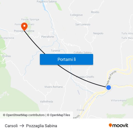 Carsoli to Pozzaglia Sabina map