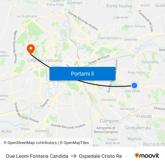 Due Leoni-Fontana Candida to Ospedale Cristo Re map