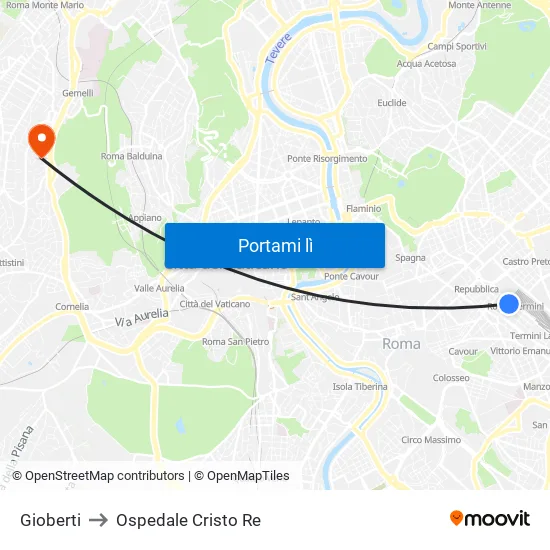 Gioberti to Ospedale Cristo Re map
