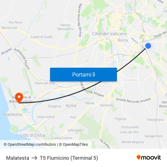 Malatesta to T5 Fiumicino (Terminal 5) map