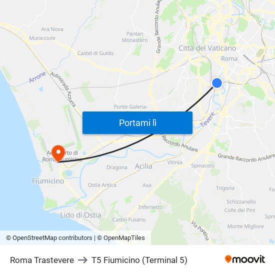 Roma Trastevere to T5 Fiumicino (Terminal 5) map