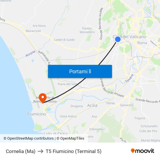 Cornelia (Ma) to T5 Fiumicino (Terminal 5) map