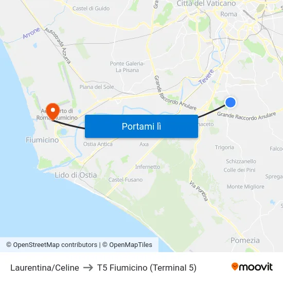 Laurentina/Celine to T5 Fiumicino (Terminal 5) map