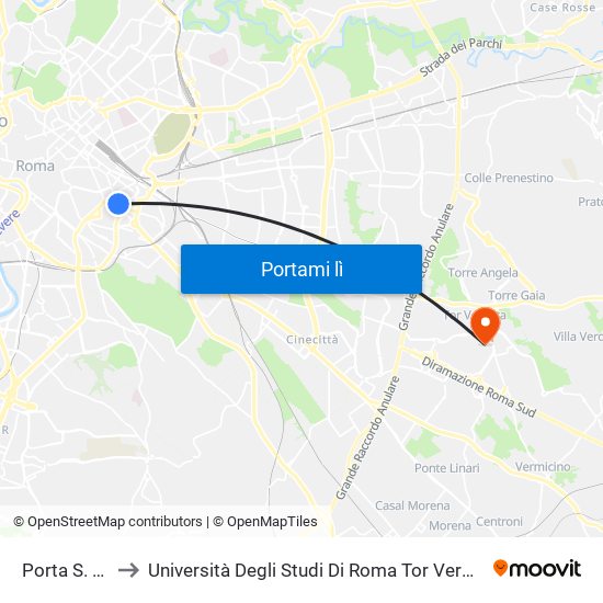 Porta S. Giovanni to Università Degli Studi Di Roma Tor Vergata - Facoltà Di Ingegneria map