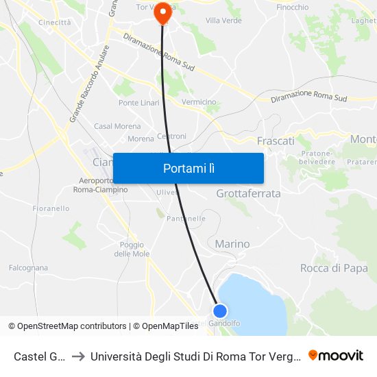 Castel Gandolfo to Università Degli Studi Di Roma Tor Vergata - Facoltà Di Ingegneria map