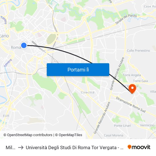 Milano to Università Degli Studi Di Roma Tor Vergata - Facoltà Di Ingegneria map