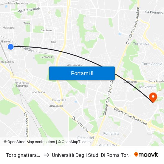 Torpignattara/Ciro Da Urbino to Università Degli Studi Di Roma Tor Vergata - Facoltà Di Ingegneria map