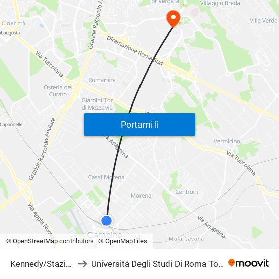 Kennedy/Stazione FS Ciampino to Università Degli Studi Di Roma Tor Vergata - Facoltà Di Ingegneria map