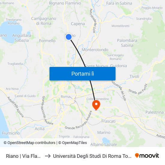 Riano | Via Flaminia (Stazione) to Università Degli Studi Di Roma Tor Vergata - Facoltà Di Ingegneria map