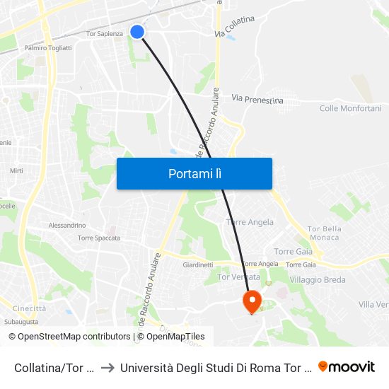 Collatina/Tor Sapienza (Fl2) to Università Degli Studi Di Roma Tor Vergata - Facoltà Di Ingegneria map
