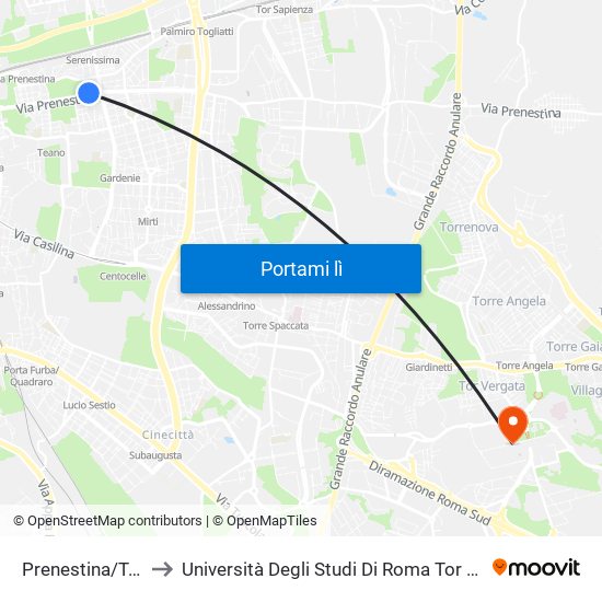 Prenestina/Tor De' Schiavi to Università Degli Studi Di Roma Tor Vergata - Facoltà Di Ingegneria map