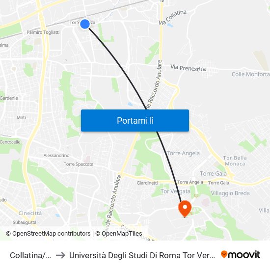 Collatina/De Cupis to Università Degli Studi Di Roma Tor Vergata - Facoltà Di Ingegneria map