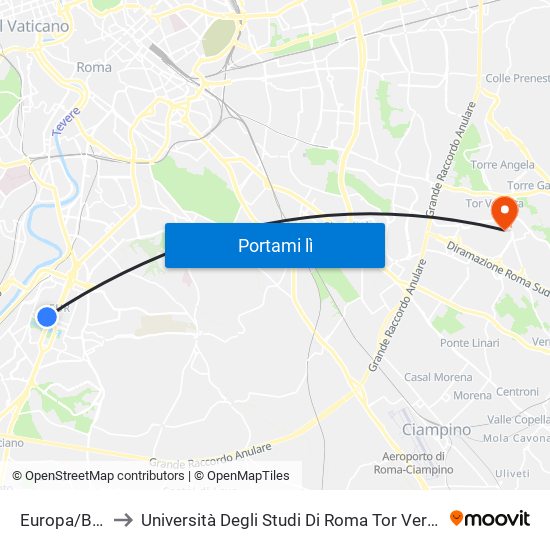 Europa/Beethoven to Università Degli Studi Di Roma Tor Vergata - Facoltà Di Ingegneria map