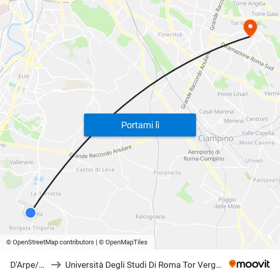 D'Arpe/Trigoria to Università Degli Studi Di Roma Tor Vergata - Facoltà Di Ingegneria map