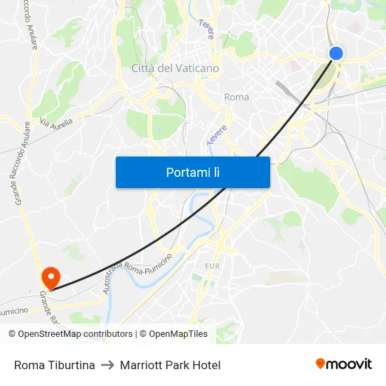 Roma Tiburtina to Marriott Park Hotel map