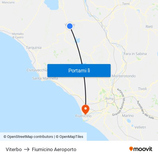 Viterbo to Fiumicino Aeroporto map