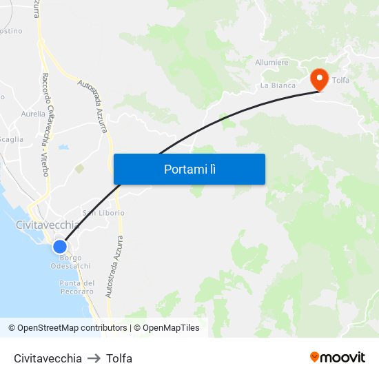 Civitavecchia to Tolfa map