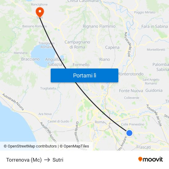 Torrenova (Mc) to Sutri map
