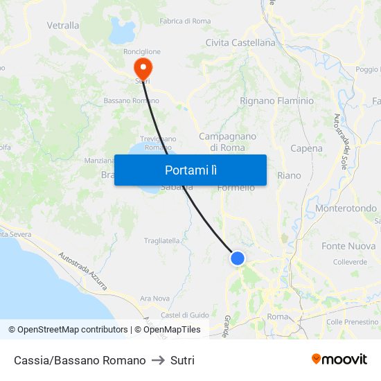 Cassia/Bassano Romano to Sutri map