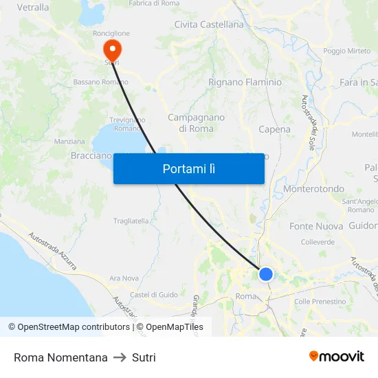 Roma Nomentana to Sutri map