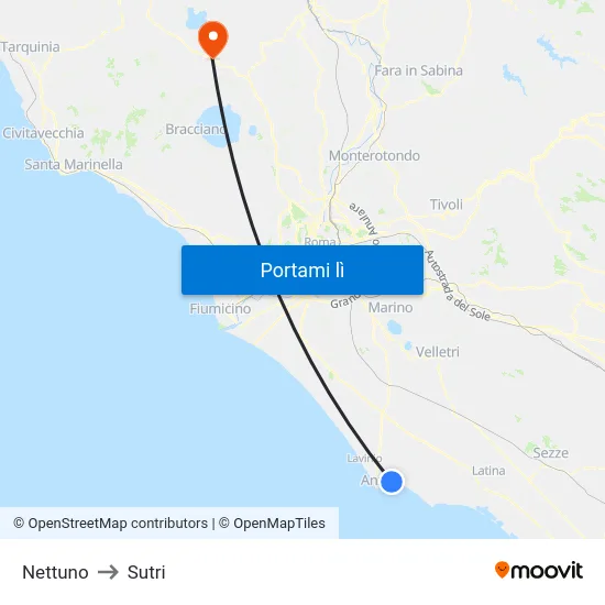 Nettuno to Sutri map
