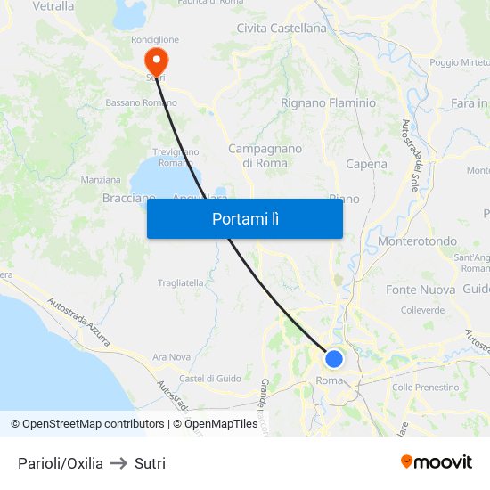 Parioli/Oxilia to Sutri map