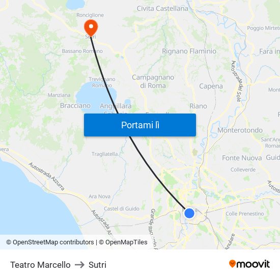 Teatro Marcello to Sutri map