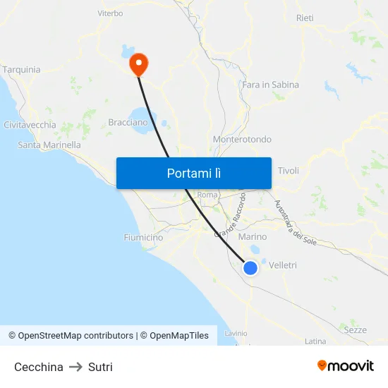 Cecchina to Sutri map