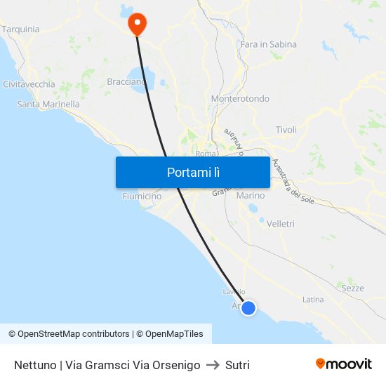Nettuno | Via Gramsci Via Orsenigo to Sutri map